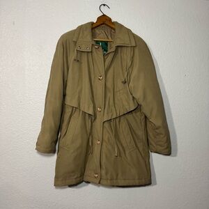 Larry Levine Microfibre Trench Coat Women's Size S Beige Hooded Drawstring Waist